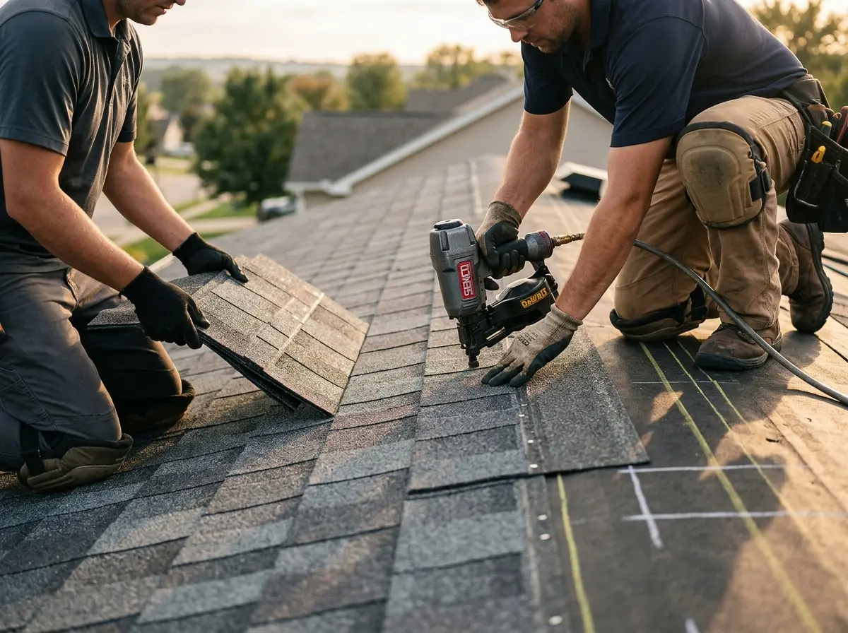 Professional roofer working on a residential roof in Tahlequah